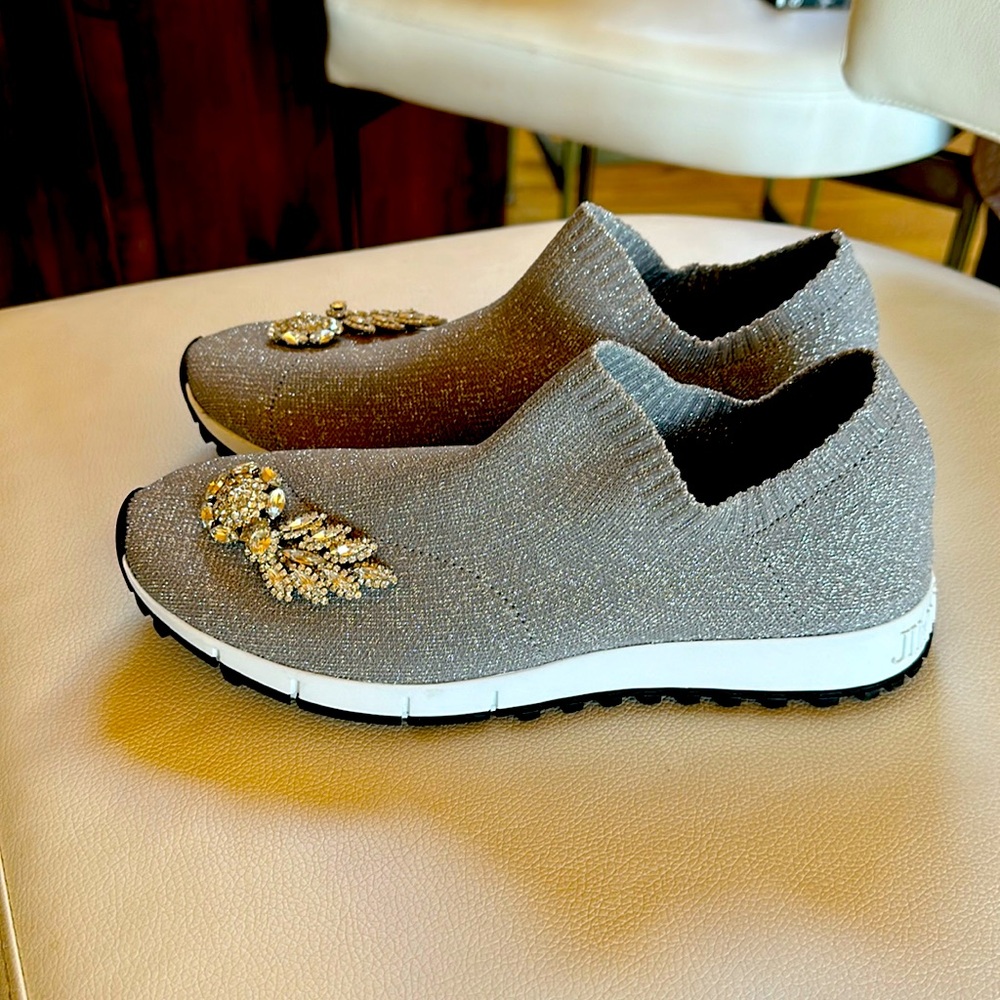 Jimmy Choo silver/grey knit trainers with crystals